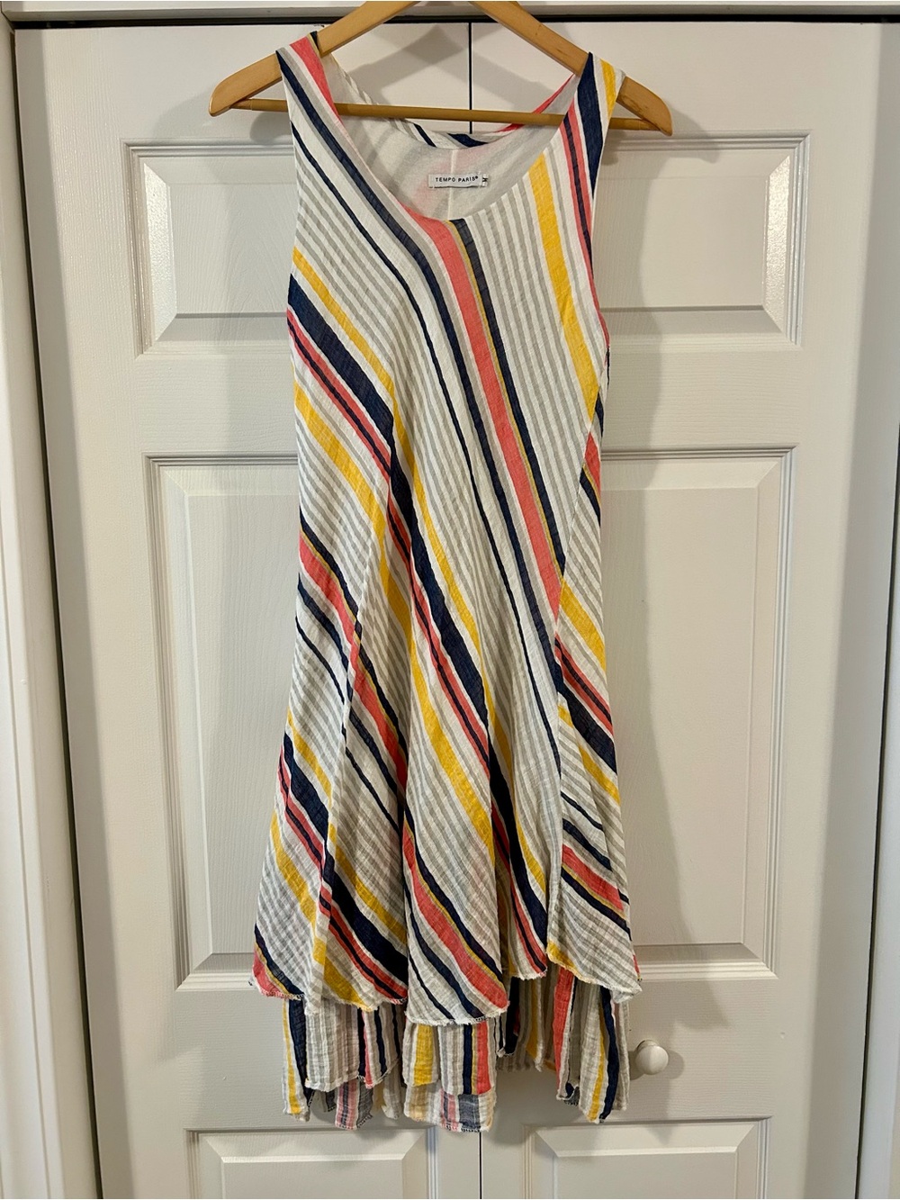 Tempo Paris soft linen dress with Navy, gray, yellow and Coral Stripes